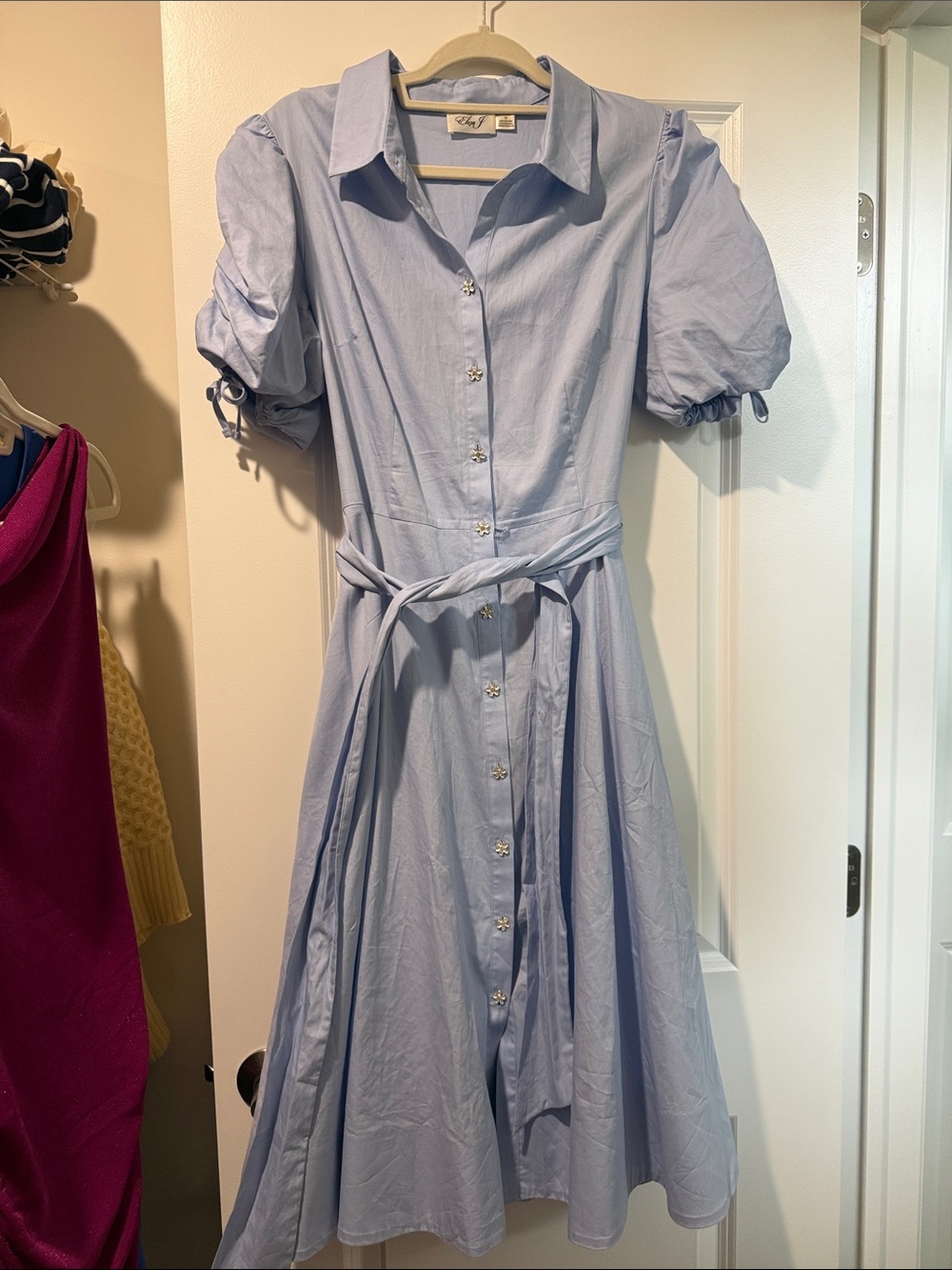 Eliza J blue midi dress with puff sleeves floral embellishment
